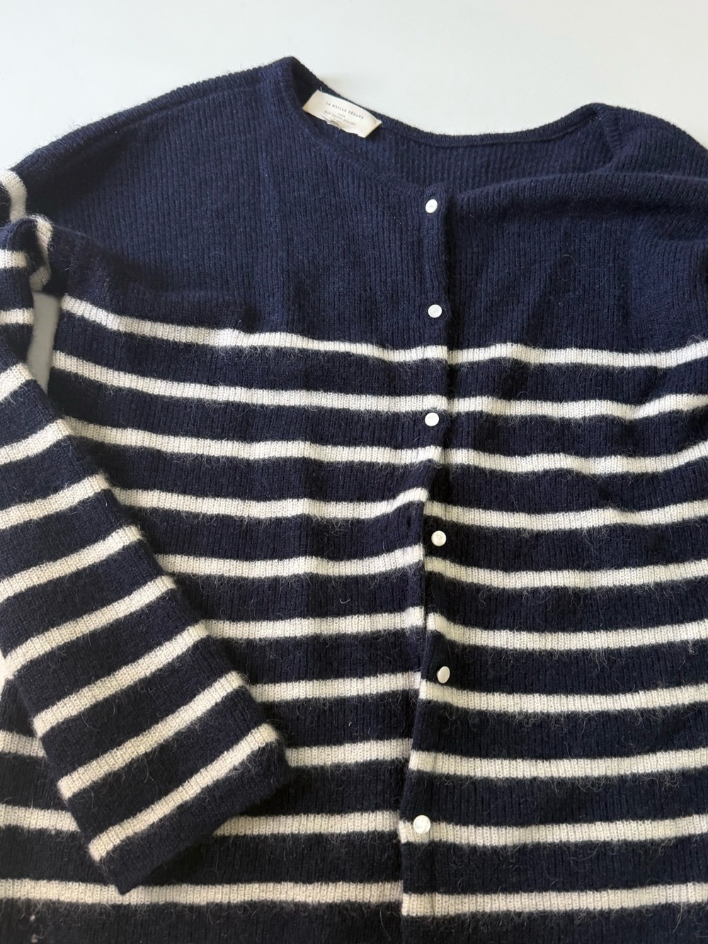 Sézane Navy and White Striped Mohair Blend Cardigan